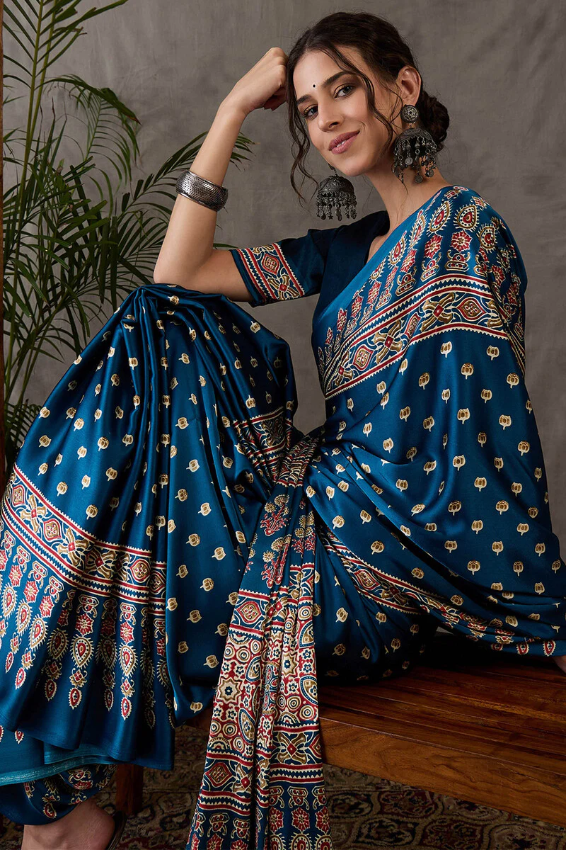 Sumptuous Rama Ajrakh Printed Semi Modal Silk Saree With Staggering Blouse Piece - Image 2