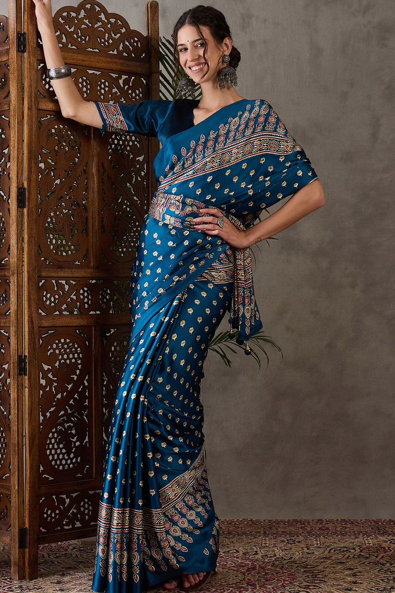 Sumptuous Rama Ajrakh Printed Semi Modal Silk Saree With Staggering Blouse Piece - Image 5