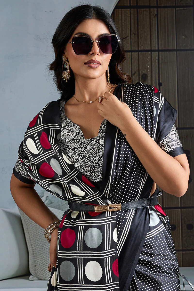 Super classy Black Ajrakh Printed Satin Silk Saree With Quintessential Blouse Piece - Image 2