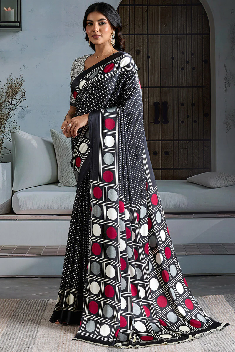 Super classy Black Ajrakh Printed Satin Silk Saree With Quintessential Blouse Piece - Image 3