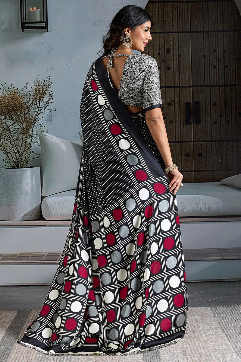 Super classy Black Ajrakh Printed Satin Silk Saree With Quintessential Blouse Piece - Image 6