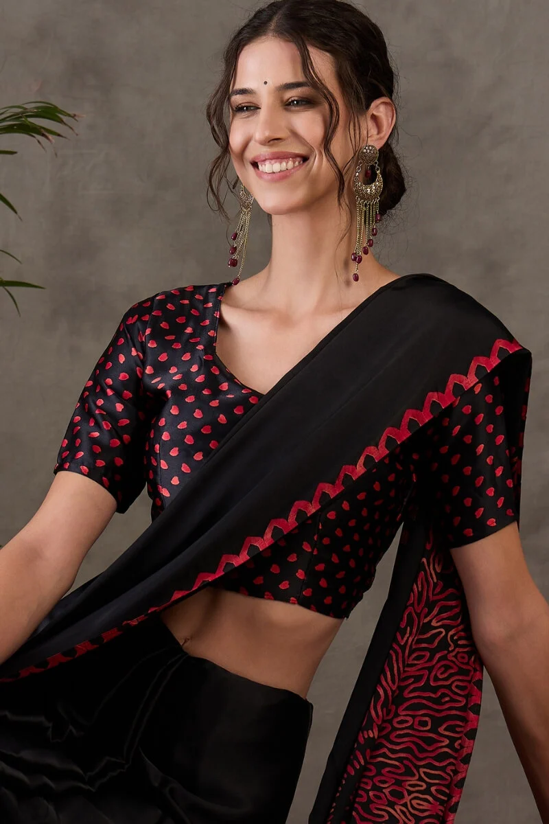 Super classy Black Ajrakh Printed Semi Modal Silk Saree With Symmetrical Blouse Piece - Image 2