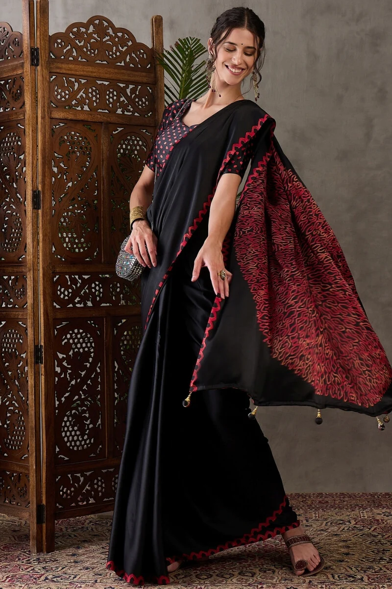 Super classy Black Ajrakh Printed Semi Modal Silk Saree With Symmetrical Blouse Piece - Image 5
