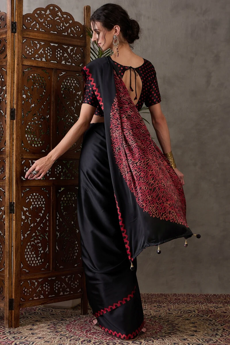 Super classy Black Ajrakh Printed Semi Modal Silk Saree With Symmetrical Blouse Piece - Image 7