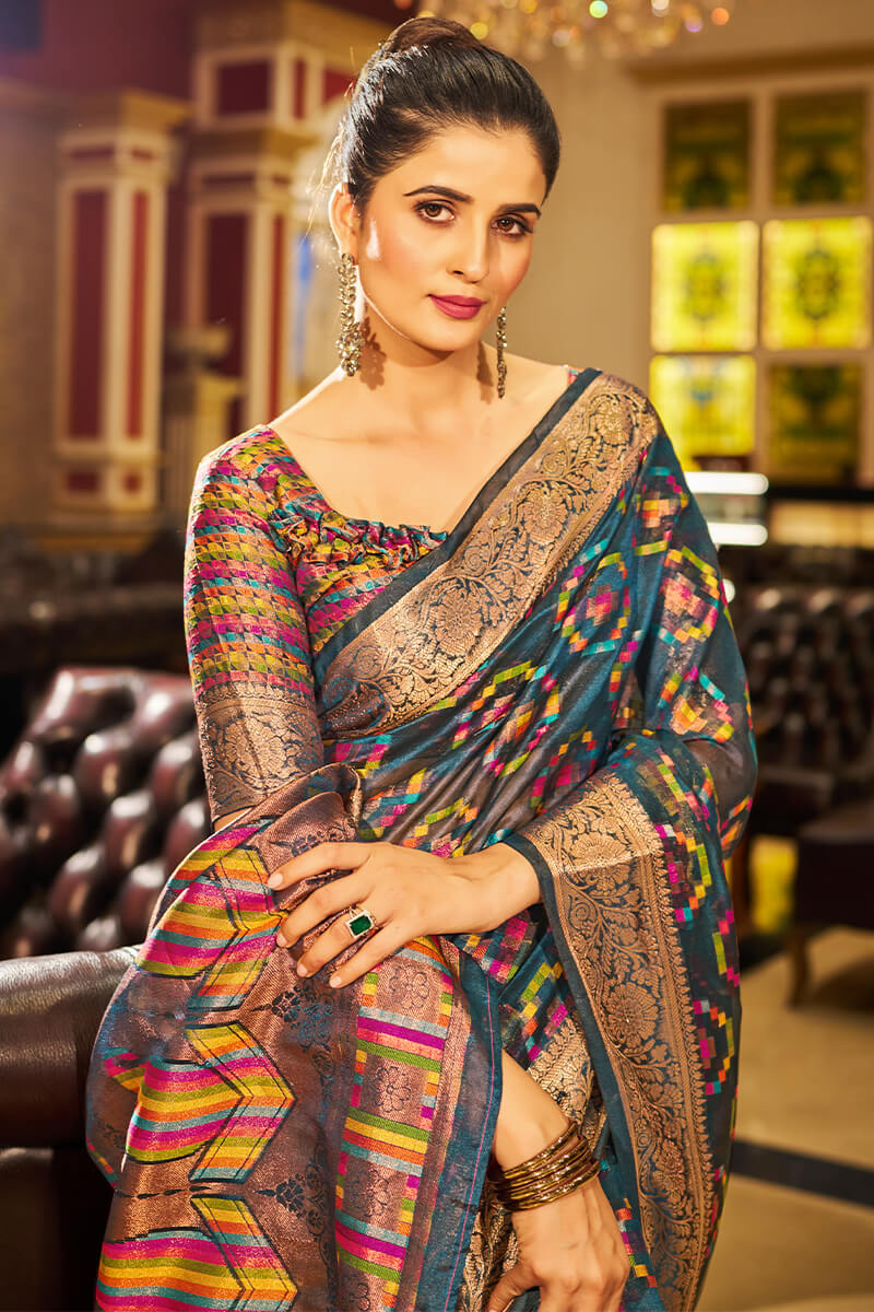 Super Classy Blue Organza Silk Saree With Diaphanous Blouse Piece - Image 2