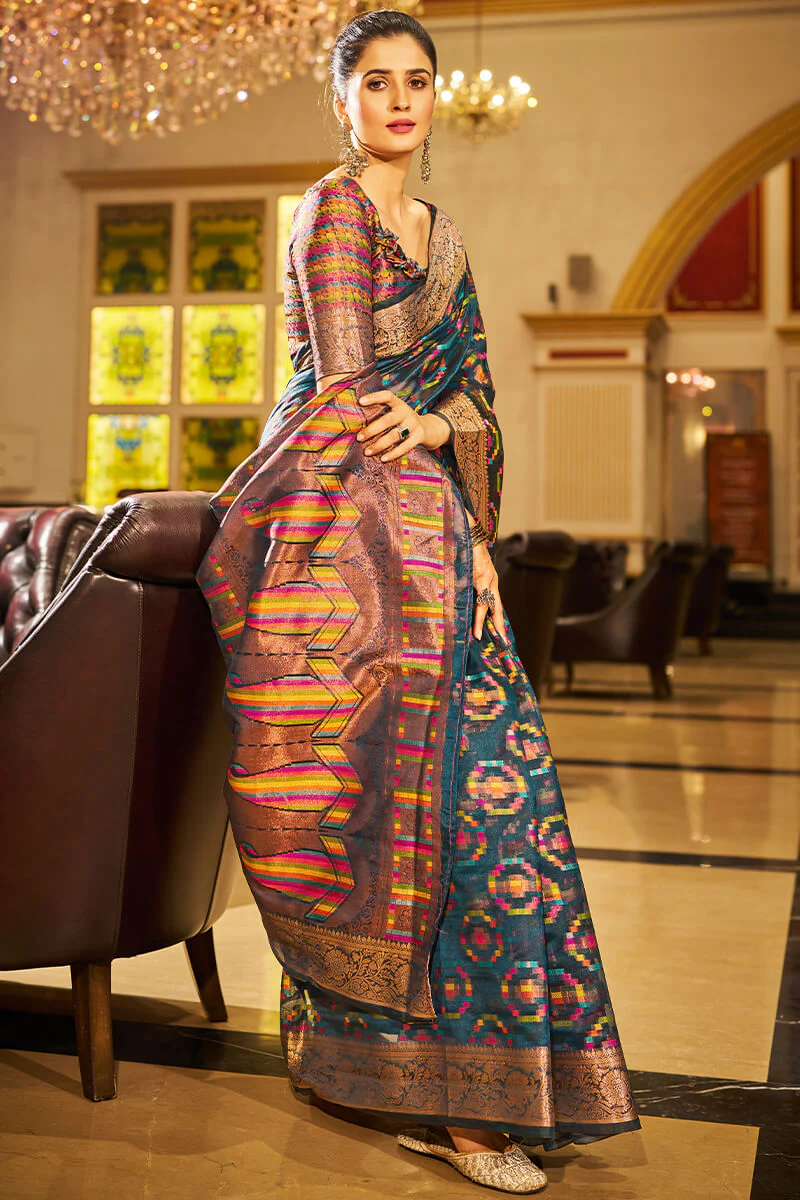 Super Classy Blue Organza Silk Saree With Diaphanous Blouse Piece - Image 3