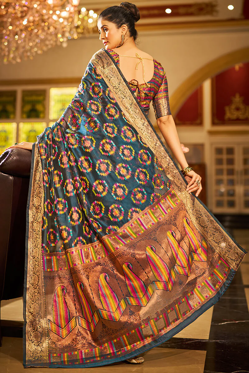 Super Classy Blue Organza Silk Saree With Diaphanous Blouse Piece - Image 4