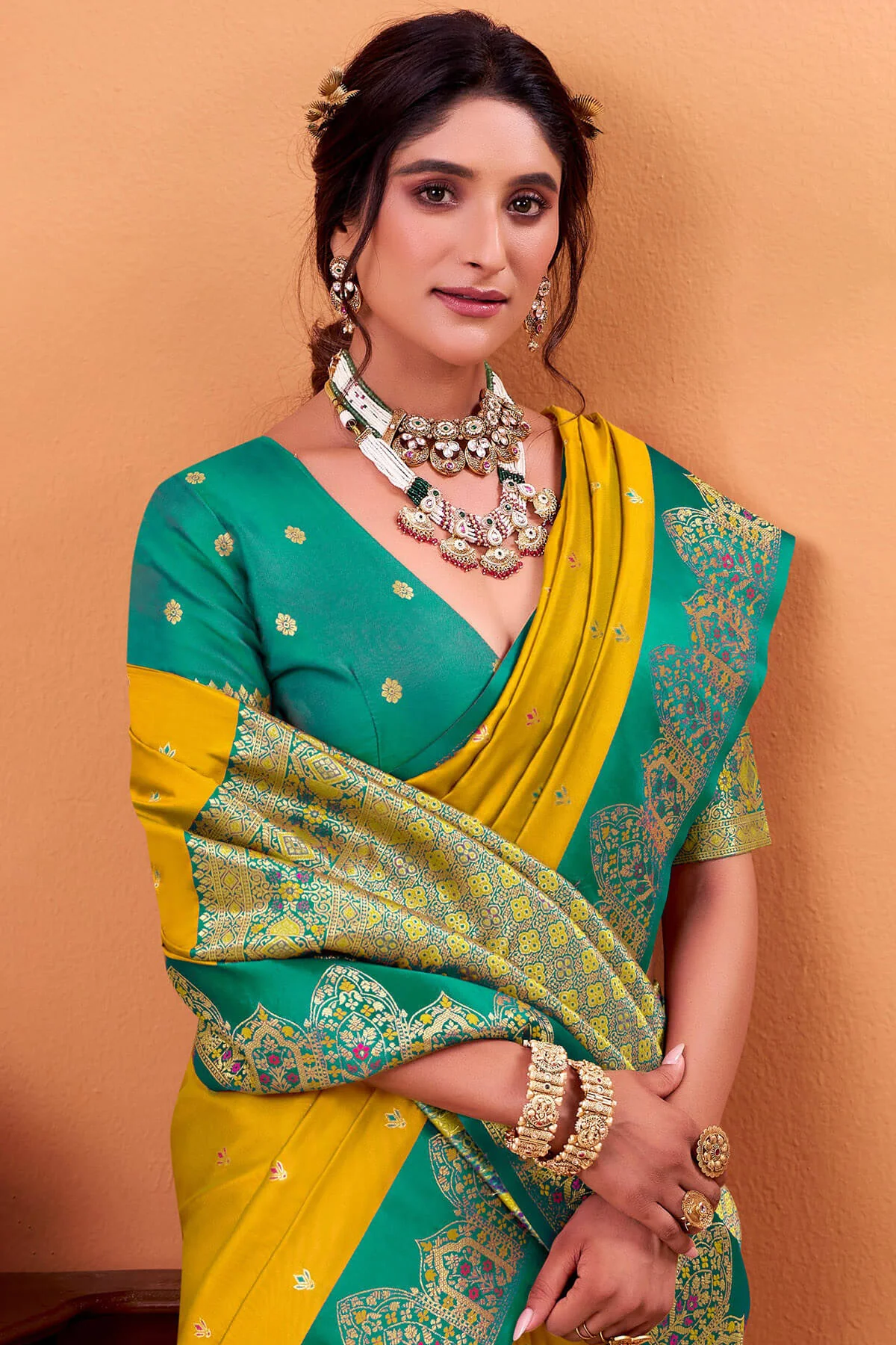 Super classy Yellow Banarasi Satin Silk Saree With Flattering Blouse - Image 2
