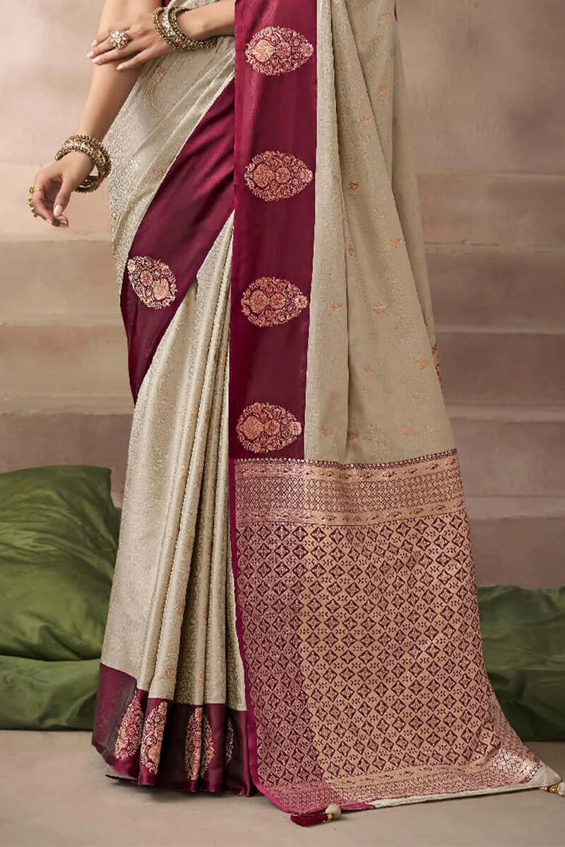 Super extravagant Beige Banarasi Satin Silk Saree With Eloquence Blouse - Image 4