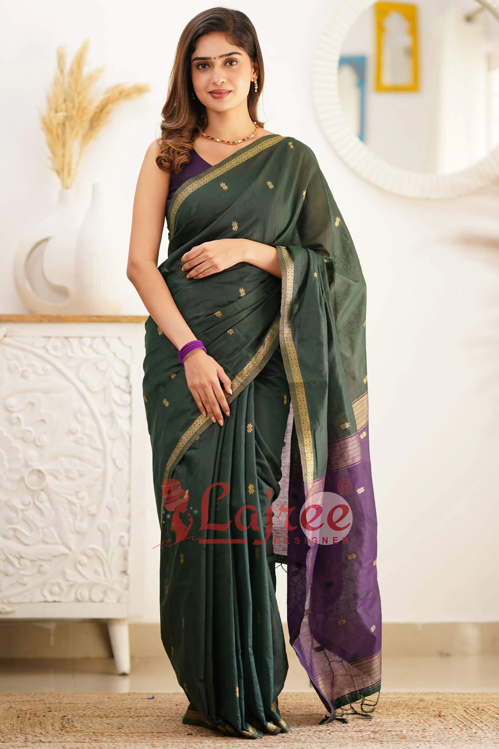 Super Extravagant Green Cotton Silk Saree With Stunner Blouse Piece - Image 6