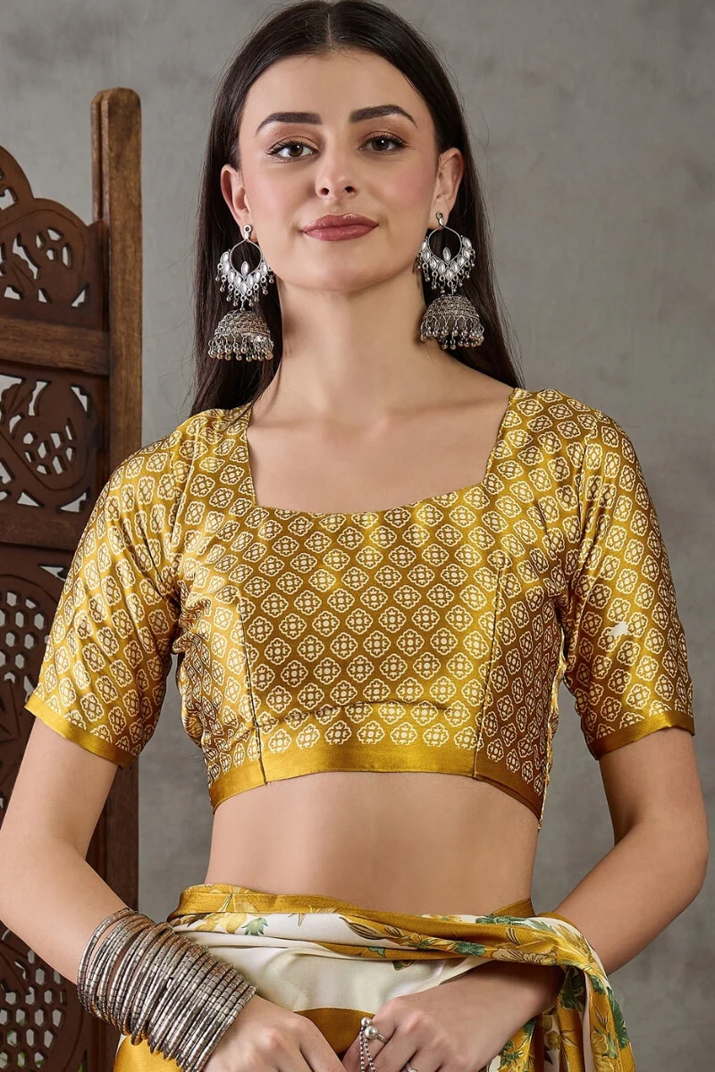 Super extravagant Mustard Ajrakh Printed Semi Modal Silk Saree With Demesne Blouse Piece - Image 4