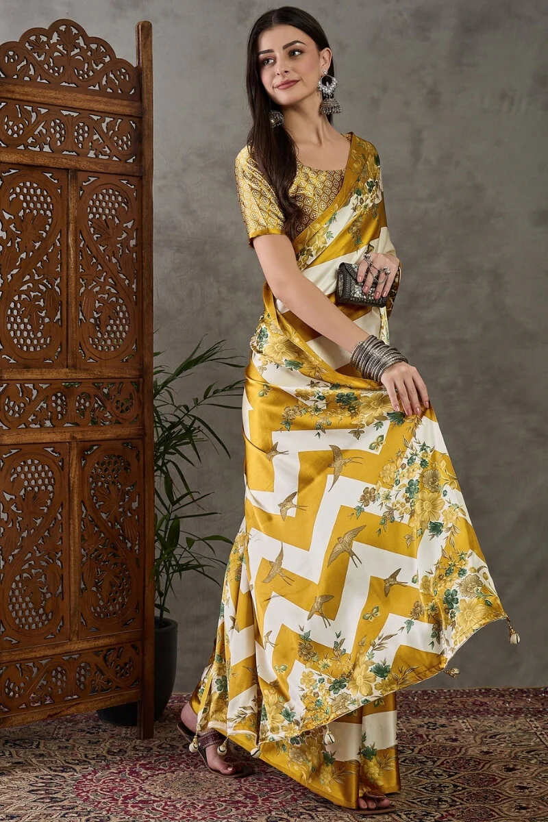 Super extravagant Mustard Ajrakh Printed Semi Modal Silk Saree With Demesne Blouse Piece - Image 5