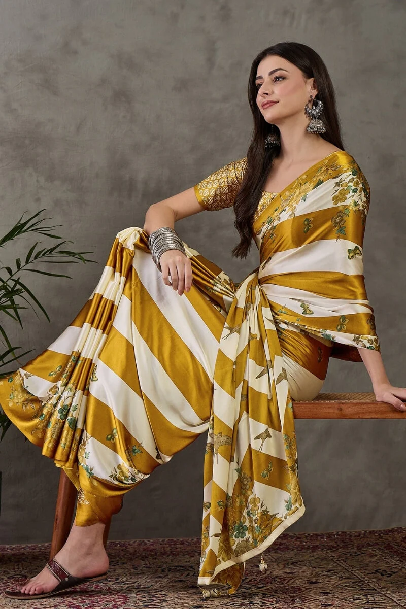 Super extravagant Mustard Ajrakh Printed Semi Modal Silk Saree With Demesne Blouse Piece - Image 6