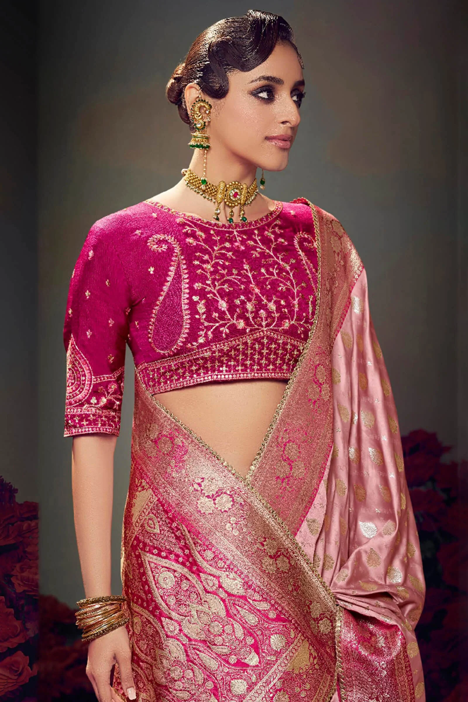 Supernal Baby Pink Banarasi Satin Silk Saree With Elision Blouse Piece - Image 2