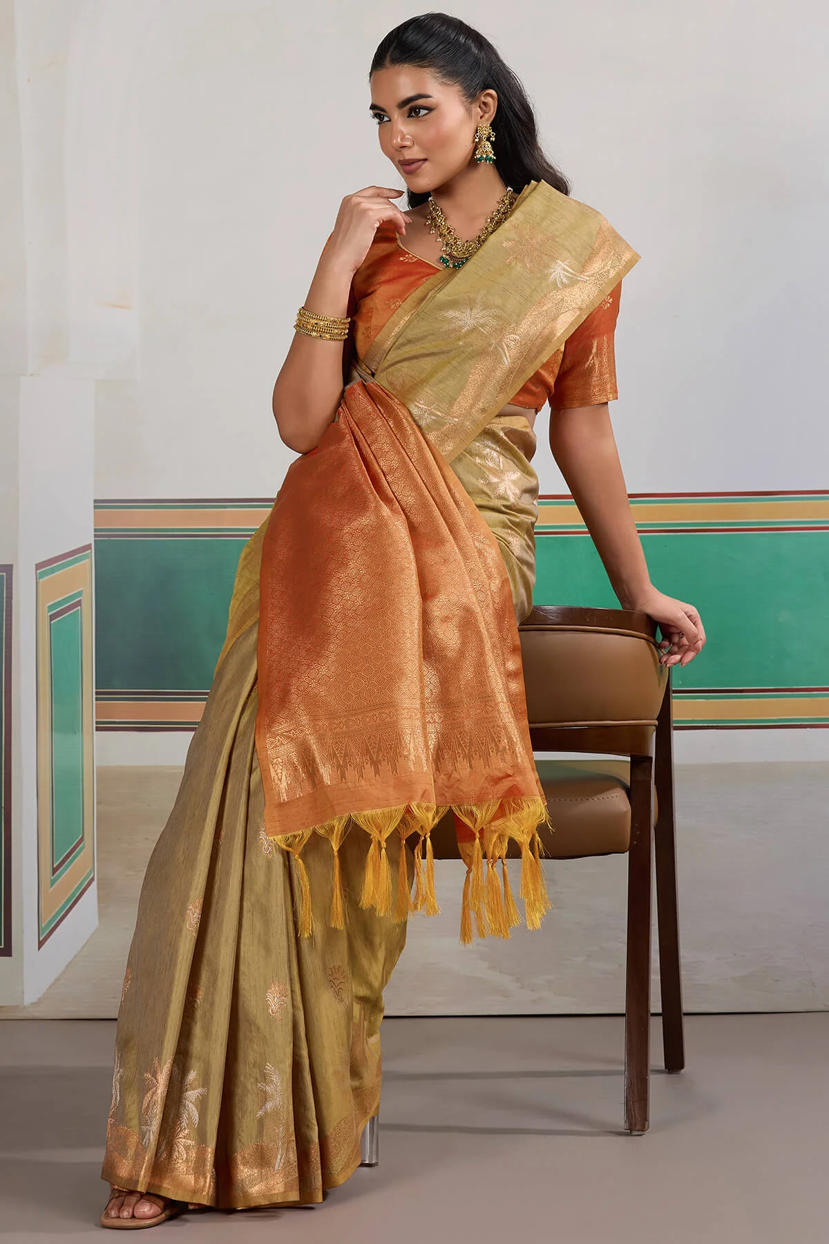 Supernal Beige Banarasi Tussar Silk Saree With Artistic Blouse Piece - Image 3