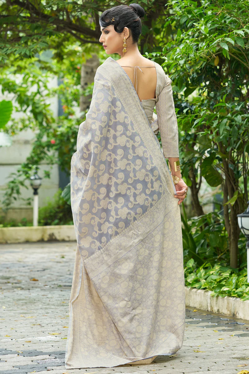Supernal Grey Lucknowi Silk Saree With Glittering Blouse Piece - Image 4