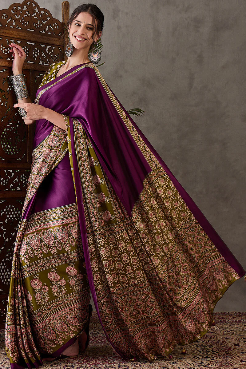 Supernal Purple Ajrakh Printed Semi Modal Silk Saree With Resplendent Blouse Piece - Image 6