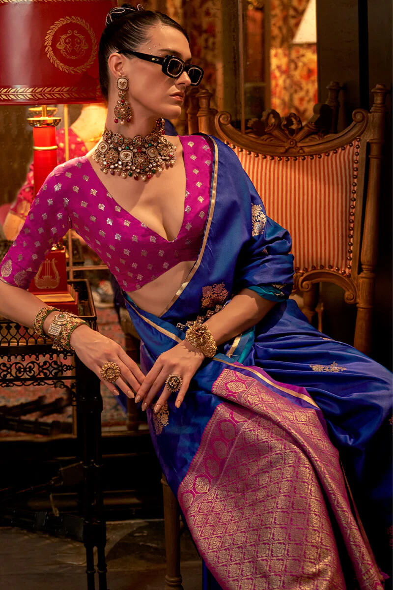 Surpassing Blue Banarasi Satin Silk Saree With Adorning Blouse - Image 2
