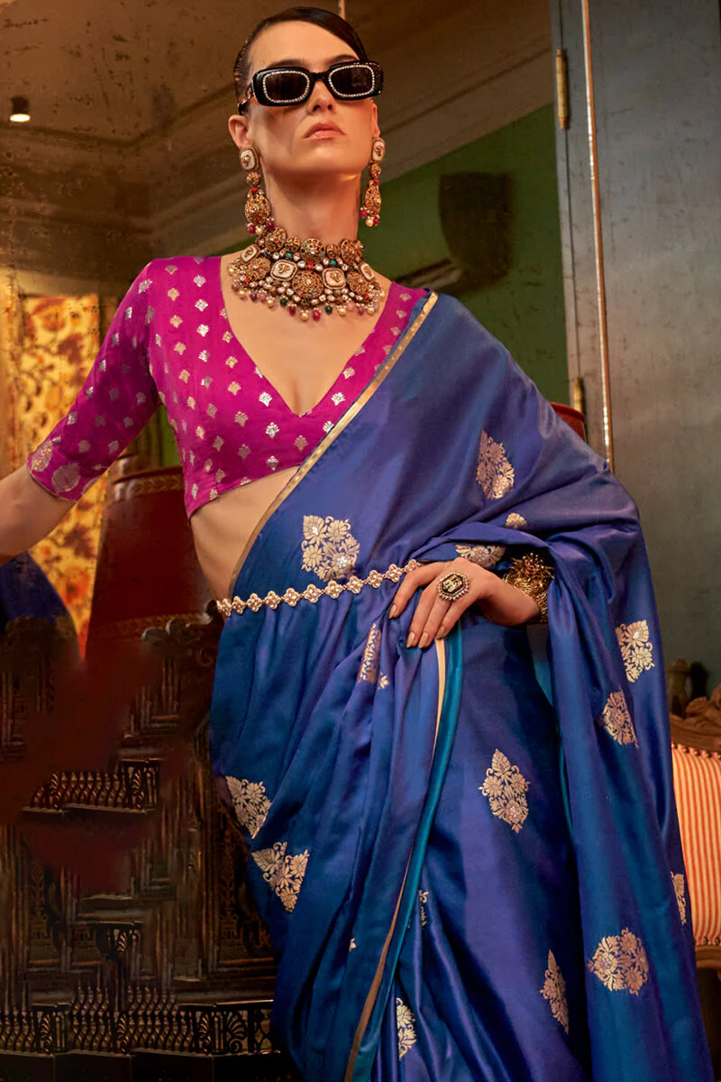 Surpassing Blue Banarasi Satin Silk Saree With Adorning Blouse - Image 3