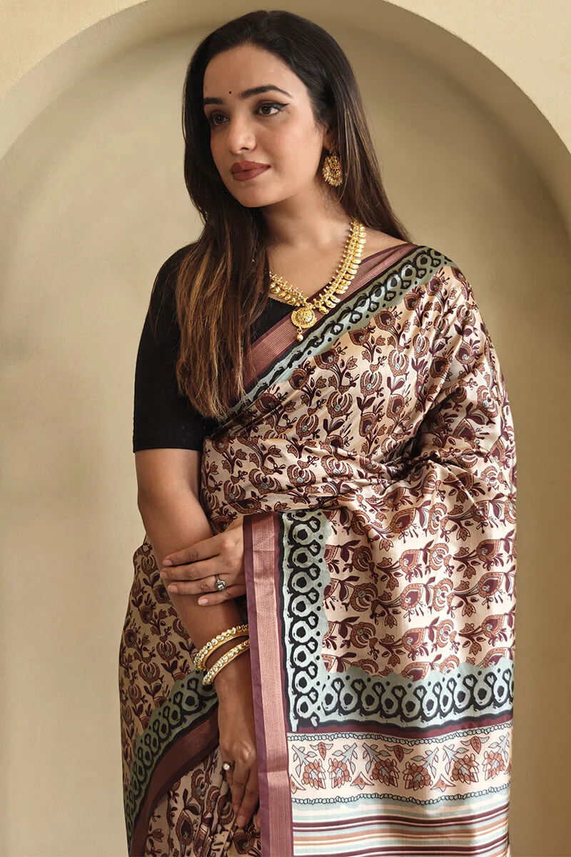 Surpassing Brown Digital Printed Dola Silk Saree With Efflorescence Blouse Piece - Image 2