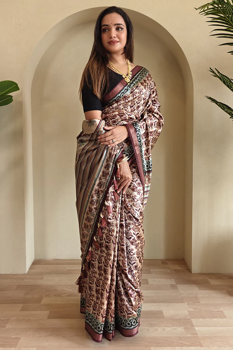 Surpassing Brown Digital Printed Dola Silk Saree With Efflorescence Blouse Piece - Image 3