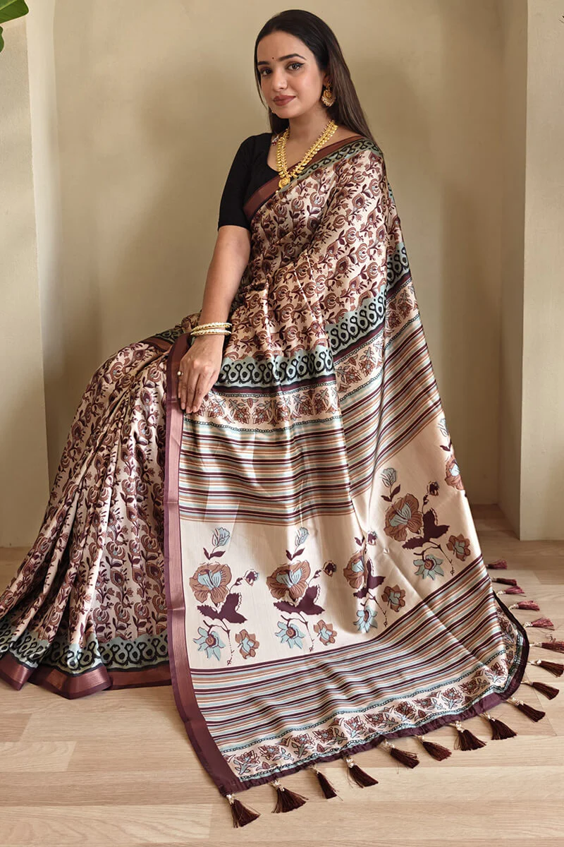 Surpassing Brown Digital Printed Dola Silk Saree With Efflorescence Blouse Piece - Image 4