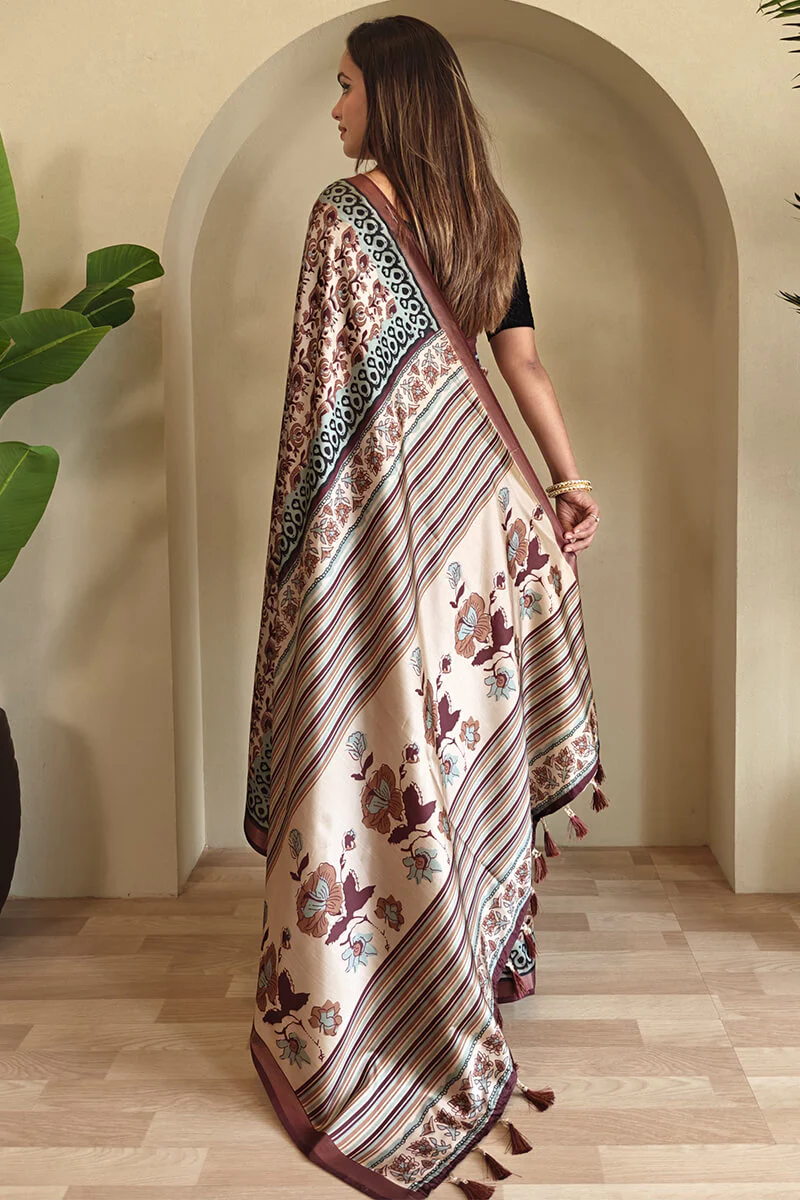 Surpassing Brown Digital Printed Dola Silk Saree With Efflorescence Blouse Piece - Image 5