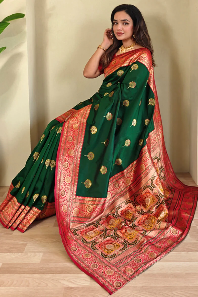 Surpassing Dark Green Soft Banarasi Silk Saree With Ravishing Blouse Piece - Image 2