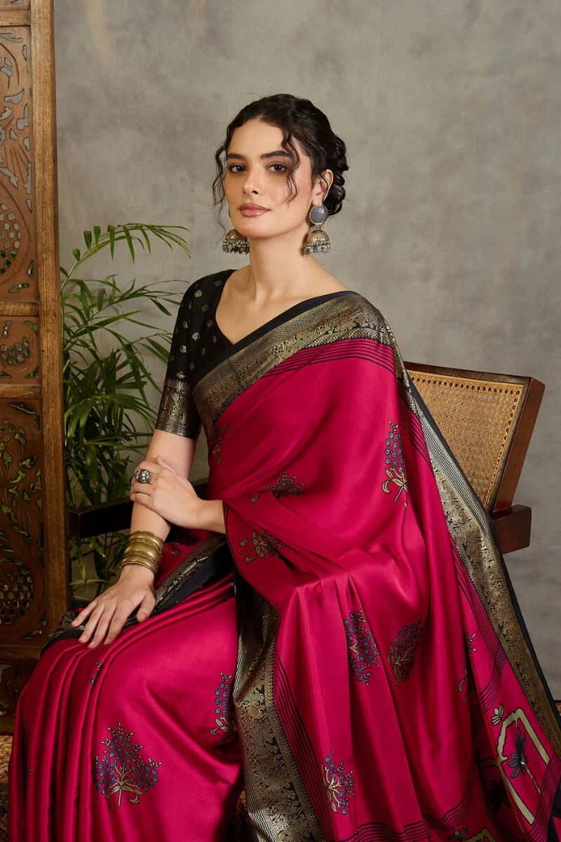 Surpassing Dark Pink Ajrakh Printed Semi Modal Silk Saree With Imaginative Blouse Piece - Image 4