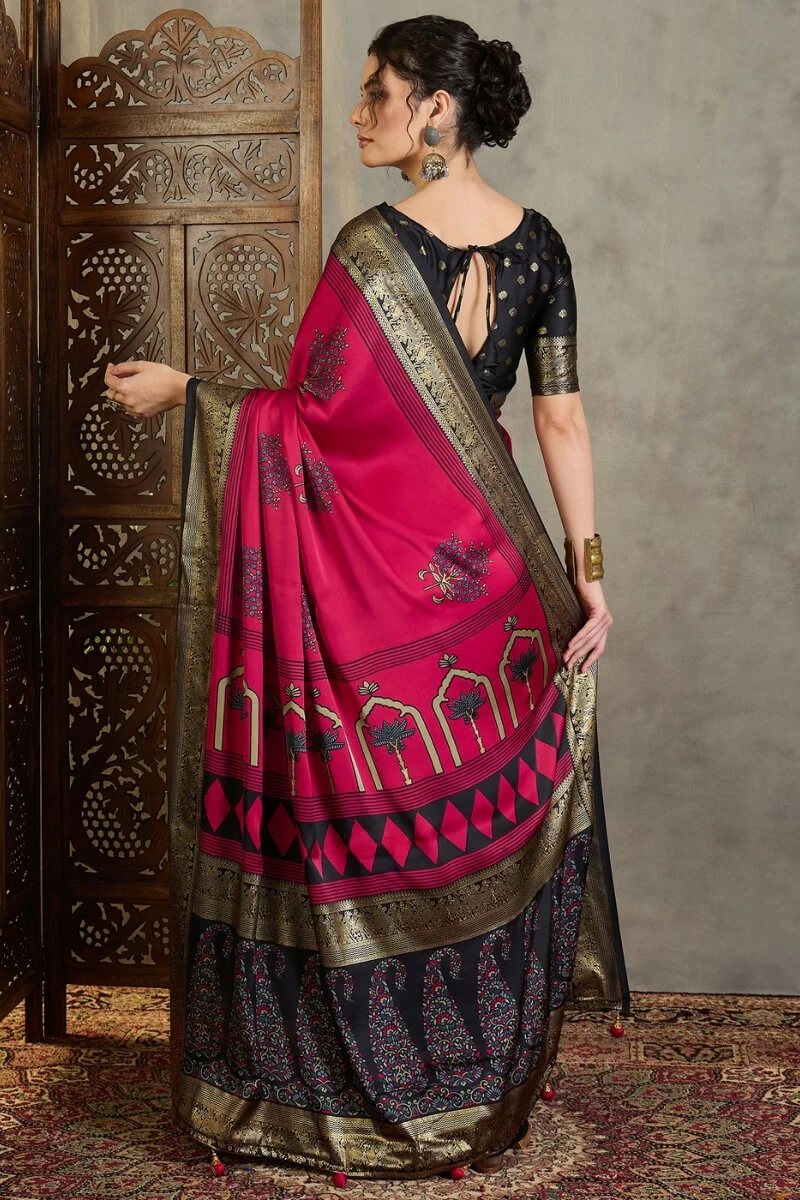 Surpassing Dark Pink Ajrakh Printed Semi Modal Silk Saree With Imaginative Blouse Piece - Image 7