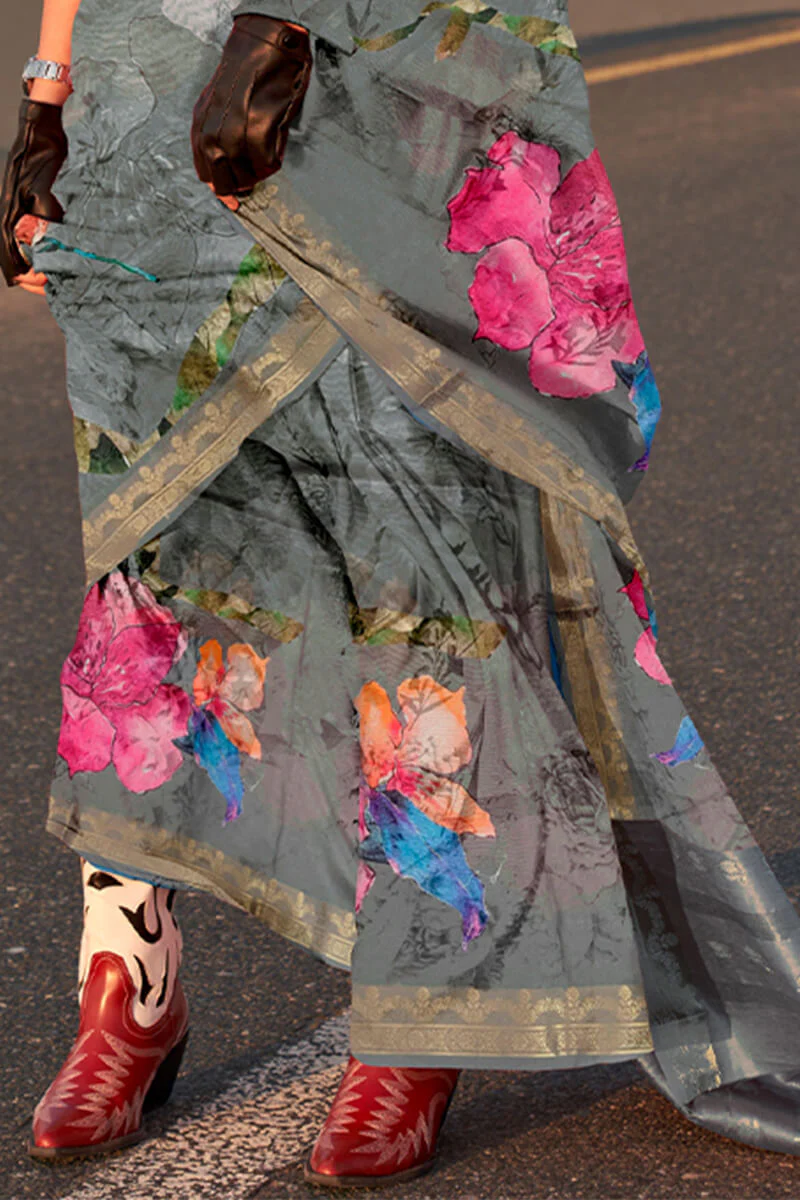 Surpassing Grey Digital Printed Tussar Silk Saree With Intricate Blouse Piece - Image 3