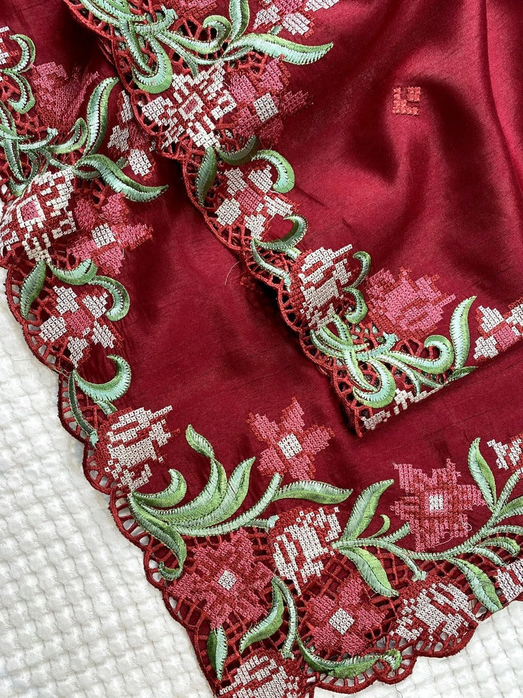 Surpassing Maroon Embroidery Work Tussar Silk Saree With Captivating Blouse Piece - Image 3