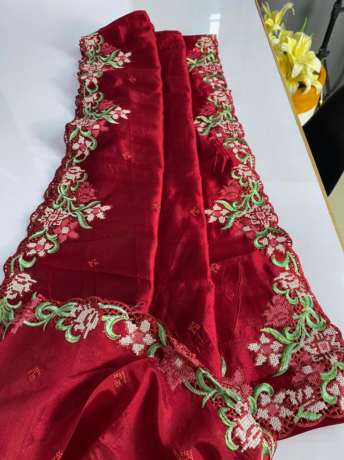 Surpassing Maroon Embroidery Work Tussar Silk Saree With Captivating Blouse Piece - Image 4