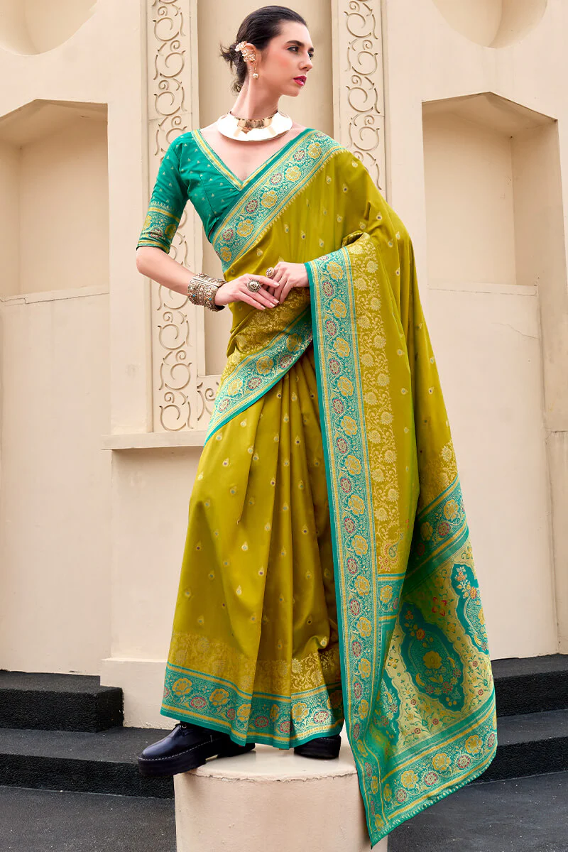 Surpassing Mehndi Soft Banarasi Silk Saree With Tantalizing Blouse Piece - Image 3
