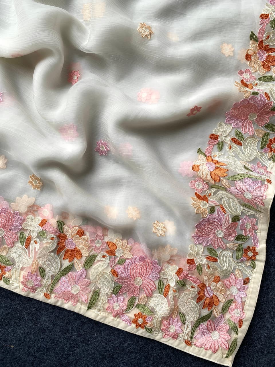 Surpassing Off White Embroidery Work Chiffon Silk Saree With Staring Blouse Piece - Image 3