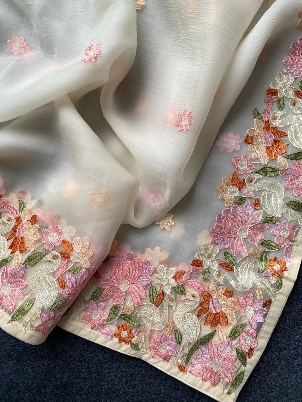 Surpassing Off White Embroidery Work Chiffon Silk Saree With Staring Blouse Piece - Image 6