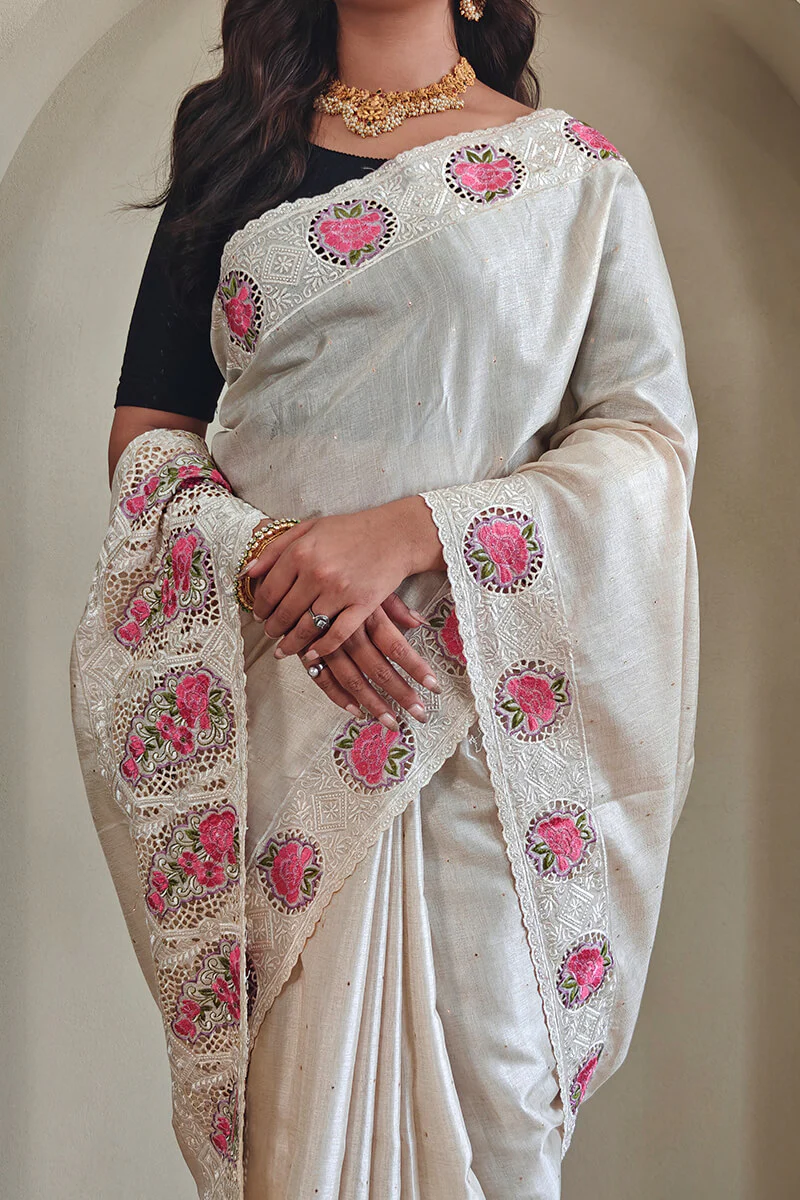 Surpassing Off White Embroidery Work Tussar Silk Saree With Dissemble Blouse Piece - Image 2