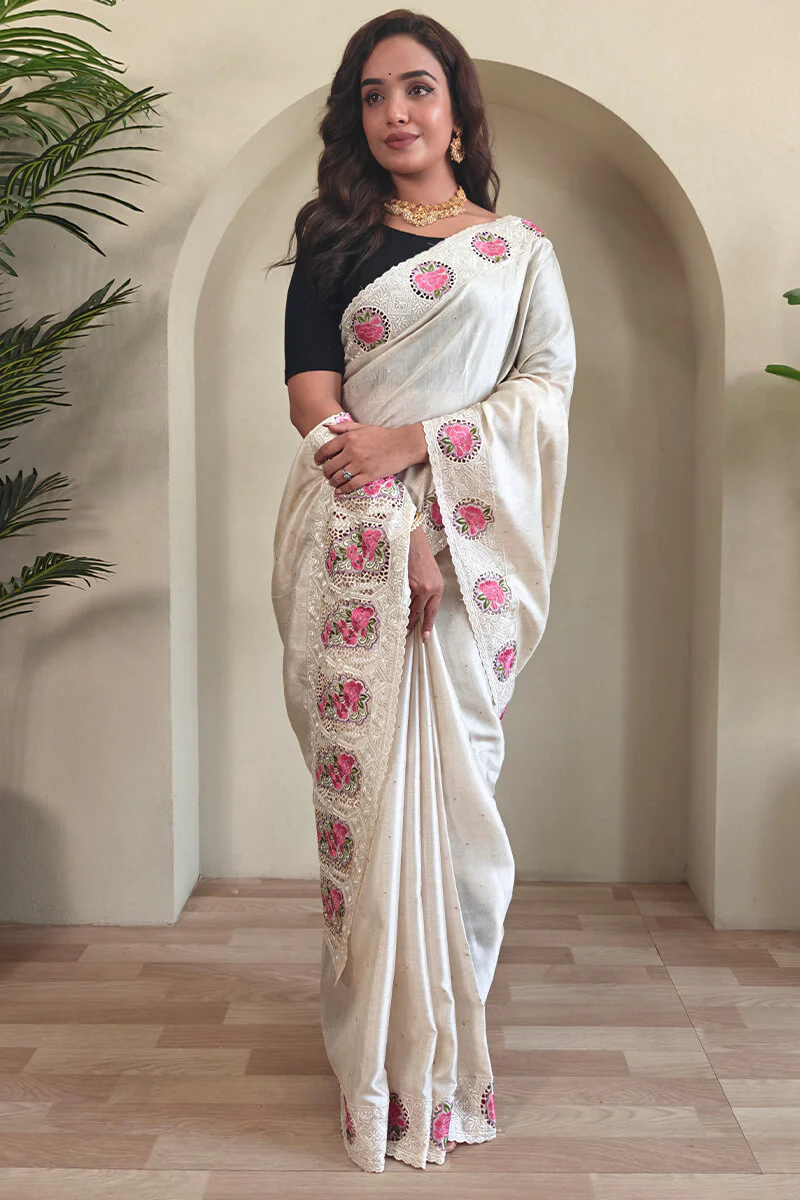 Surpassing Off White Embroidery Work Tussar Silk Saree With Dissemble Blouse Piece - Image 3