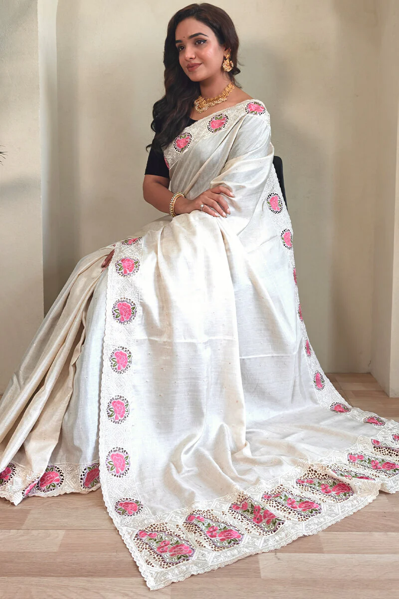 Surpassing Off White Embroidery Work Tussar Silk Saree With Dissemble Blouse Piece - Image 4