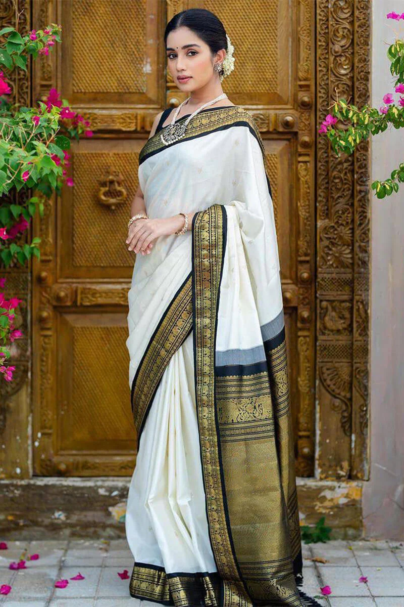 Surpassing Off White Soft Silk Saree With Flameboyant Blouse Piece - Image 3