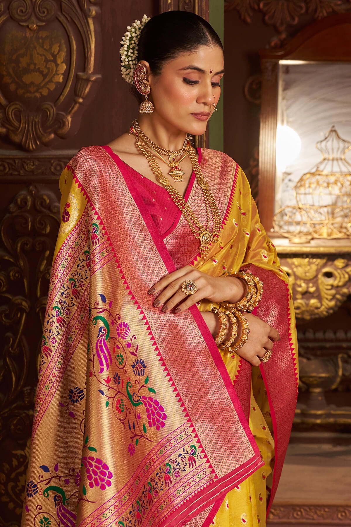 Surpassing Yellow Organza Paithani Silk Saree With Sensational Blouse Piece - Image 2