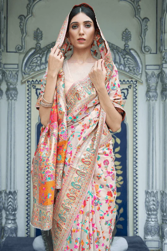 Surreptitious Beige Pashmina saree With Panoply Blouse Piece - Image 6
