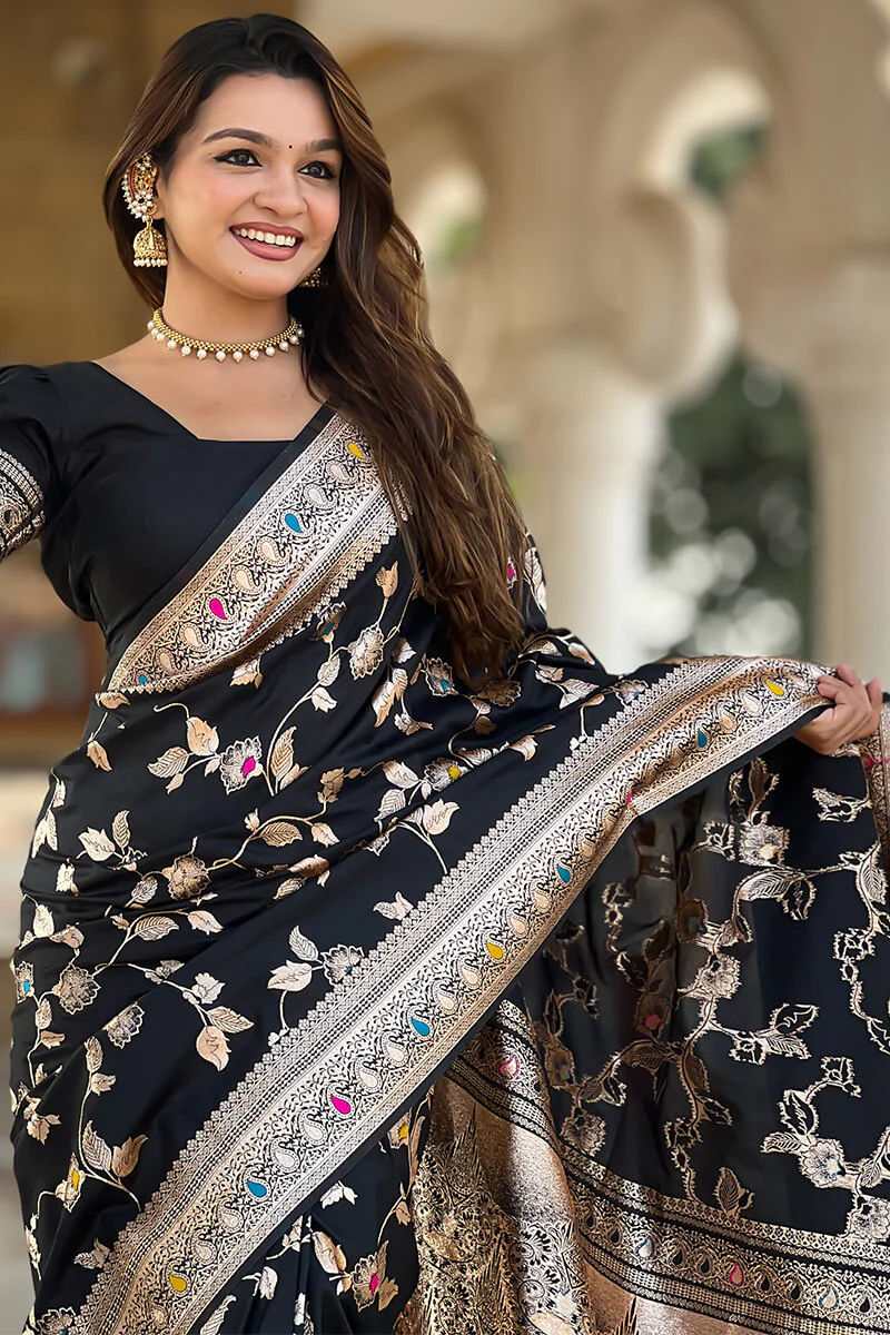 Surreptitious Black Soft Banarasi Silk Saree With Nemesis Blouse Piece - Image 3