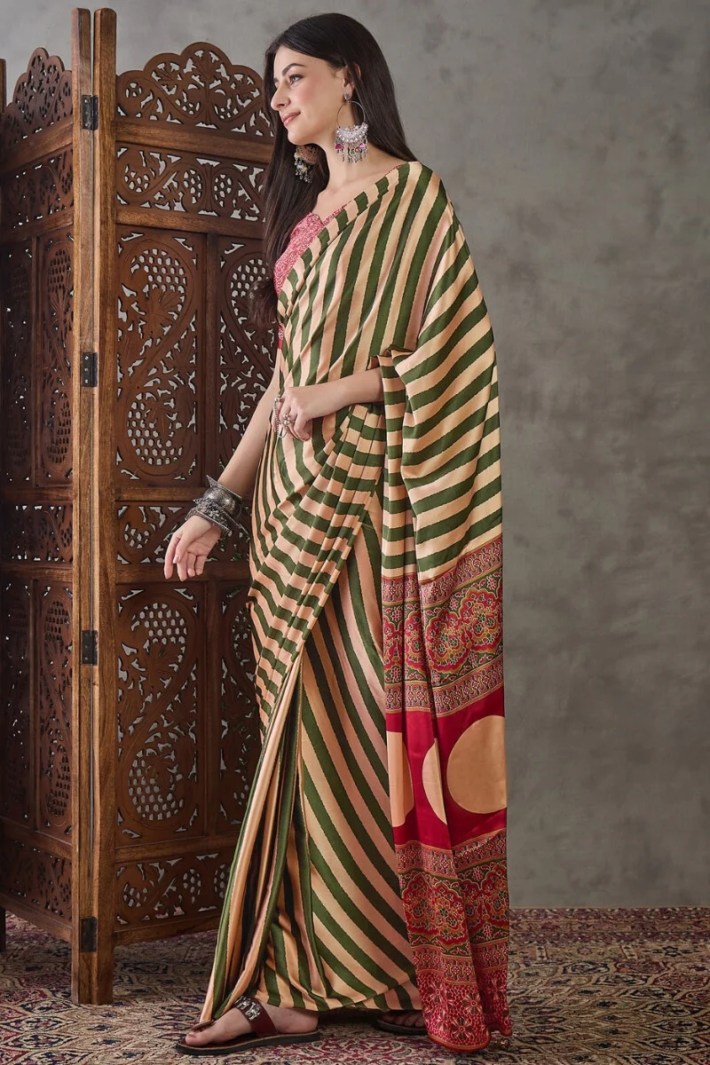 Surreptitious Green Ajrakh Printed Semi Modal Silk Saree With Pleasant Blouse Piece - Image 3