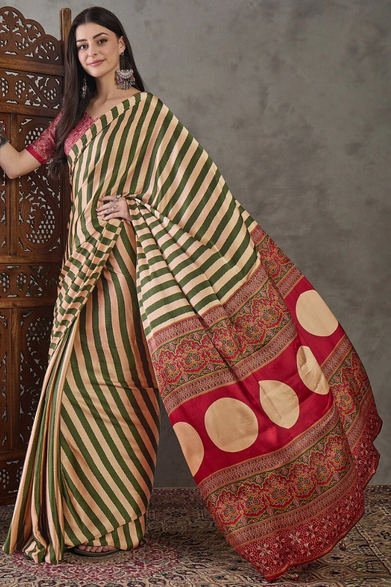 Surreptitious Green Ajrakh Printed Semi Modal Silk Saree With Pleasant Blouse Piece - Image 5