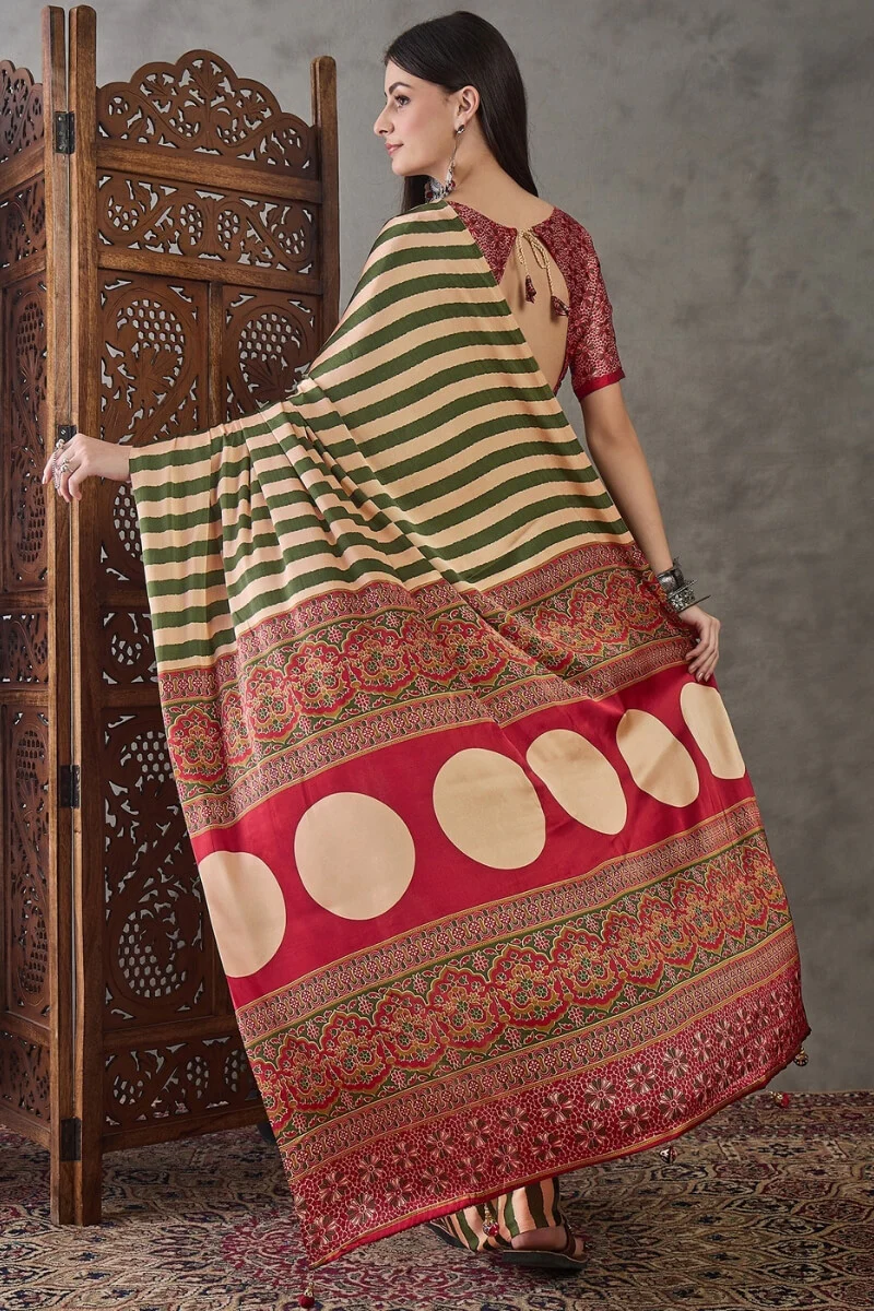 Surreptitious Green Ajrakh Printed Semi Modal Silk Saree With Pleasant Blouse Piece - Image 7
