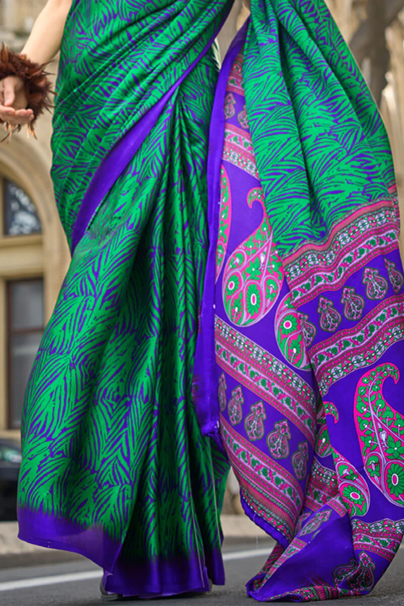 Surreptitious Green and Purple Digital Printed Satin Silk Saree With Denouement Blouse Piece - Image 3
