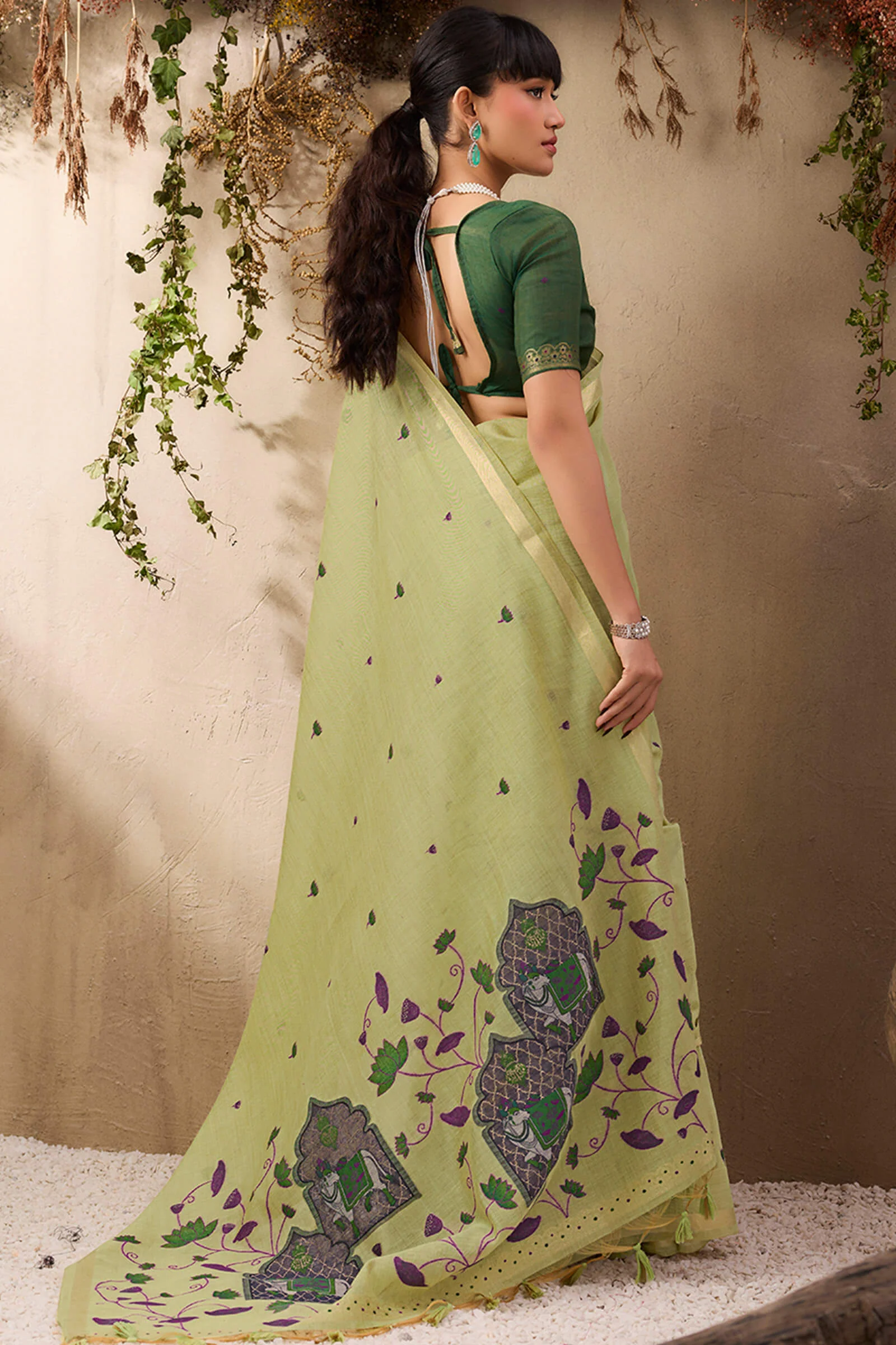 Surreptitious Green Cotton Silk Saree With Ephemeral Blouse Piece - Image 6