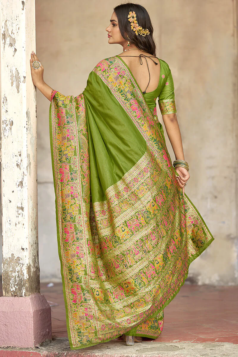 Surreptitious Green Pashmina Saree With Inspiring Blouse Piece - Image 6