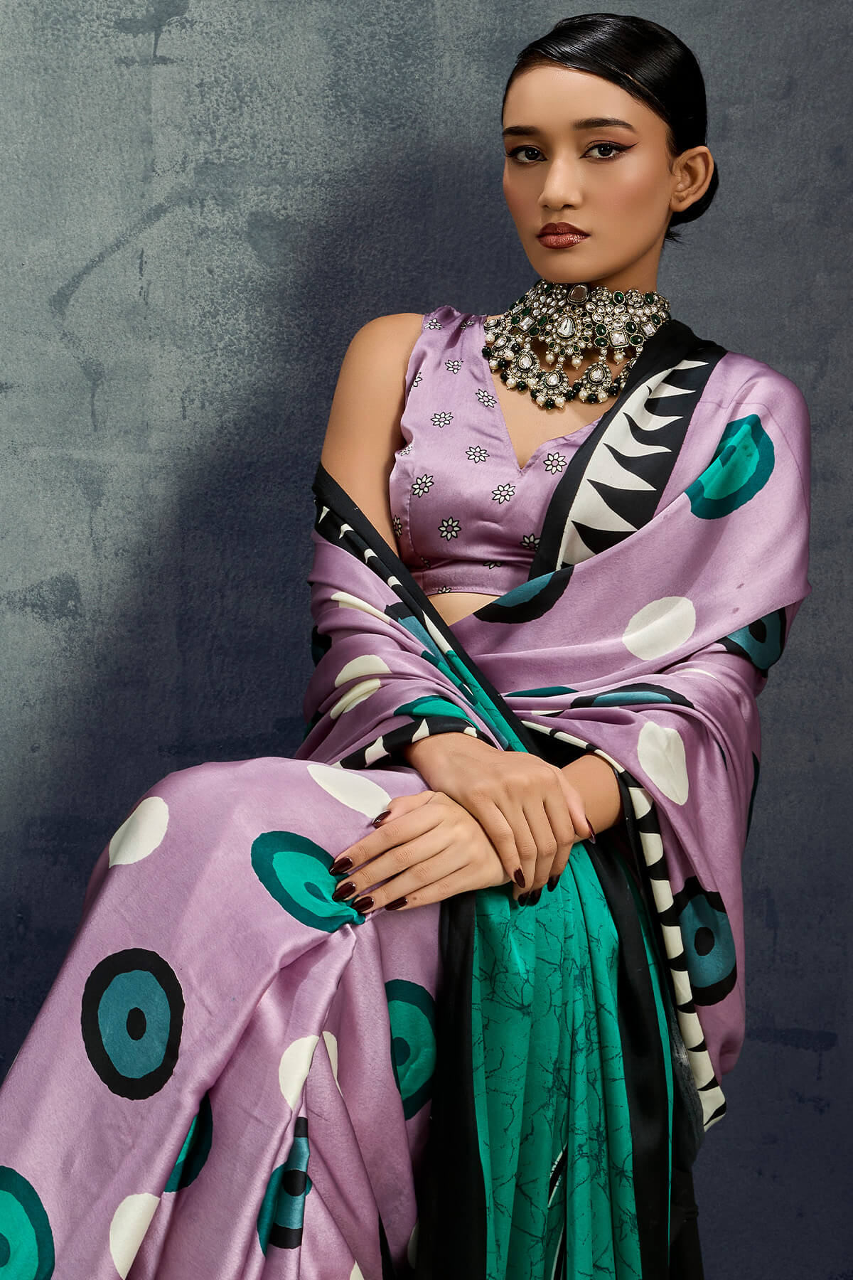 Surreptitious Lavender Ajrakh Printed Satin Silk Saree With Fugacious Blouse Piece - Image 2